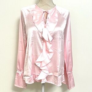 Elegant Pink Satin Ruffle Blouse